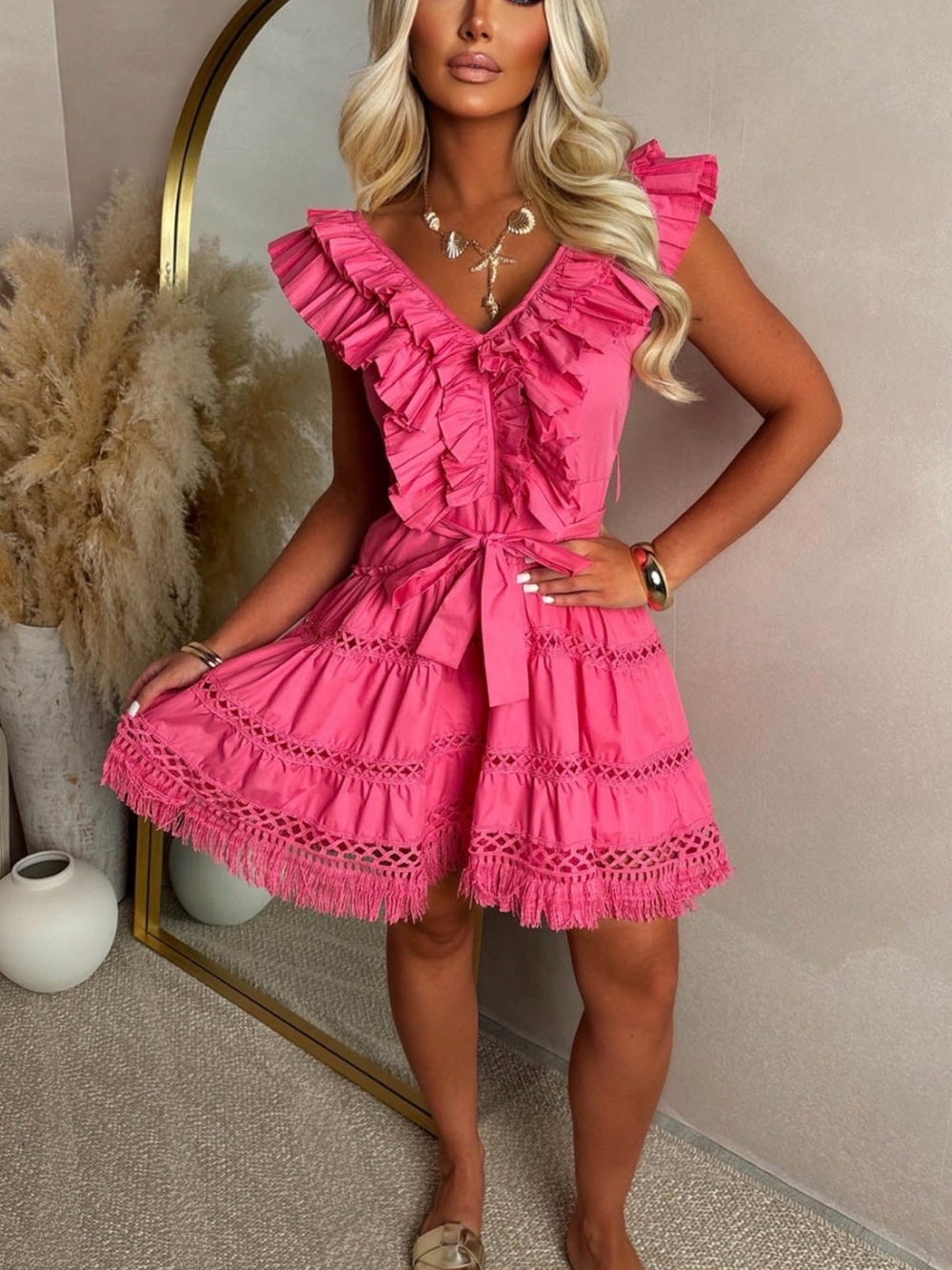 Pink Ruffled V-Neck Mini Dress - Picture 2 of 9